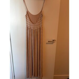 Rachel Pally Basque Waist Low Back Maxi Dress Tan White Striped Medium